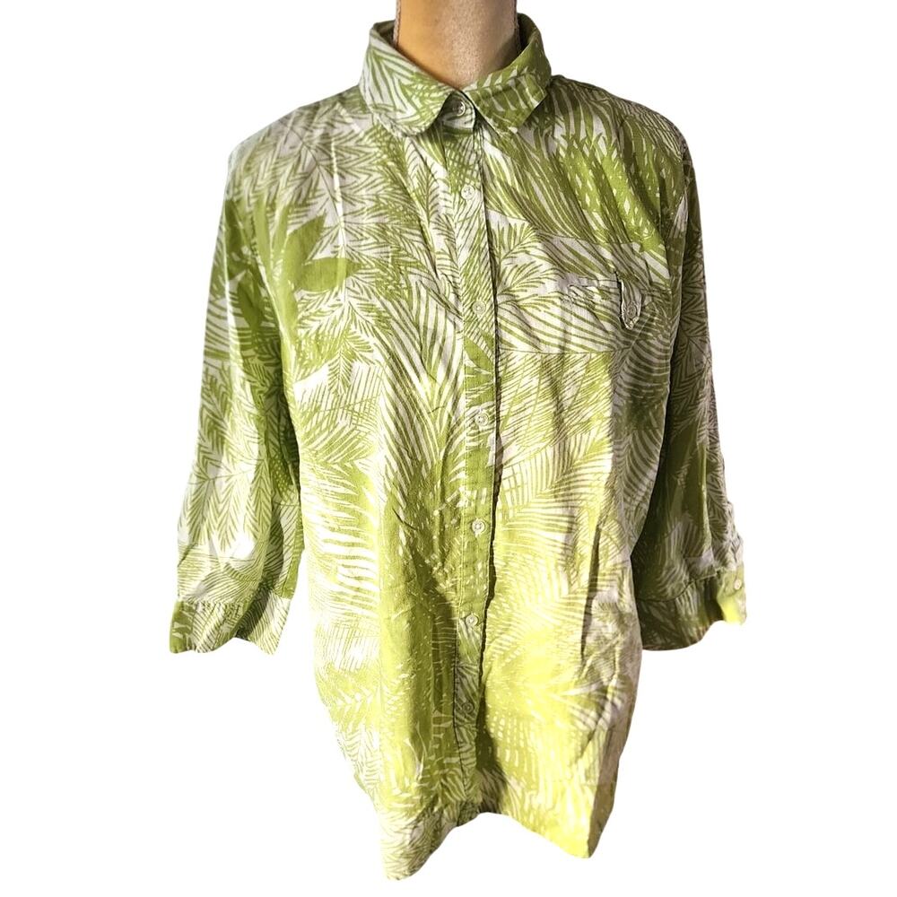 Jaclyn Smith Women's Linen Palm Leaves Tropical Button Down Shirt Size XXL